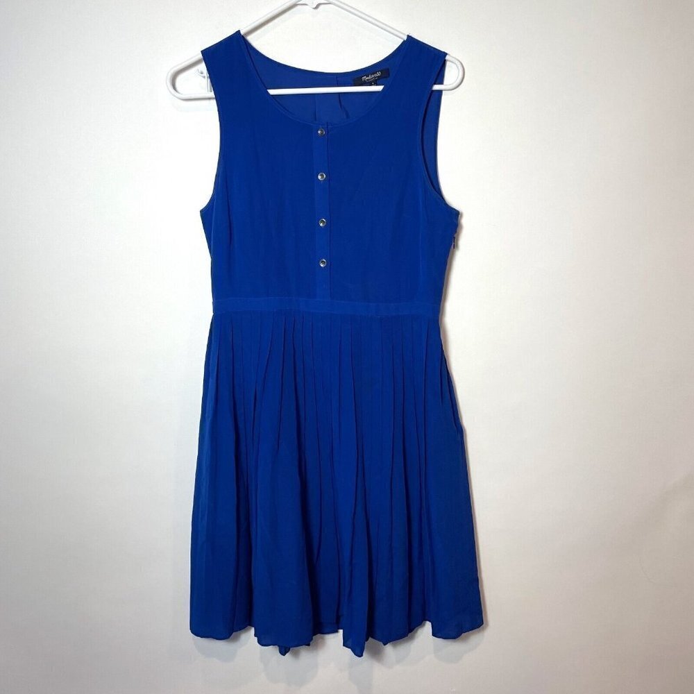 Madewell Pleated Silk Mini Shirt Dress Womens Size 4 Royal Blue Sleeveless 06159